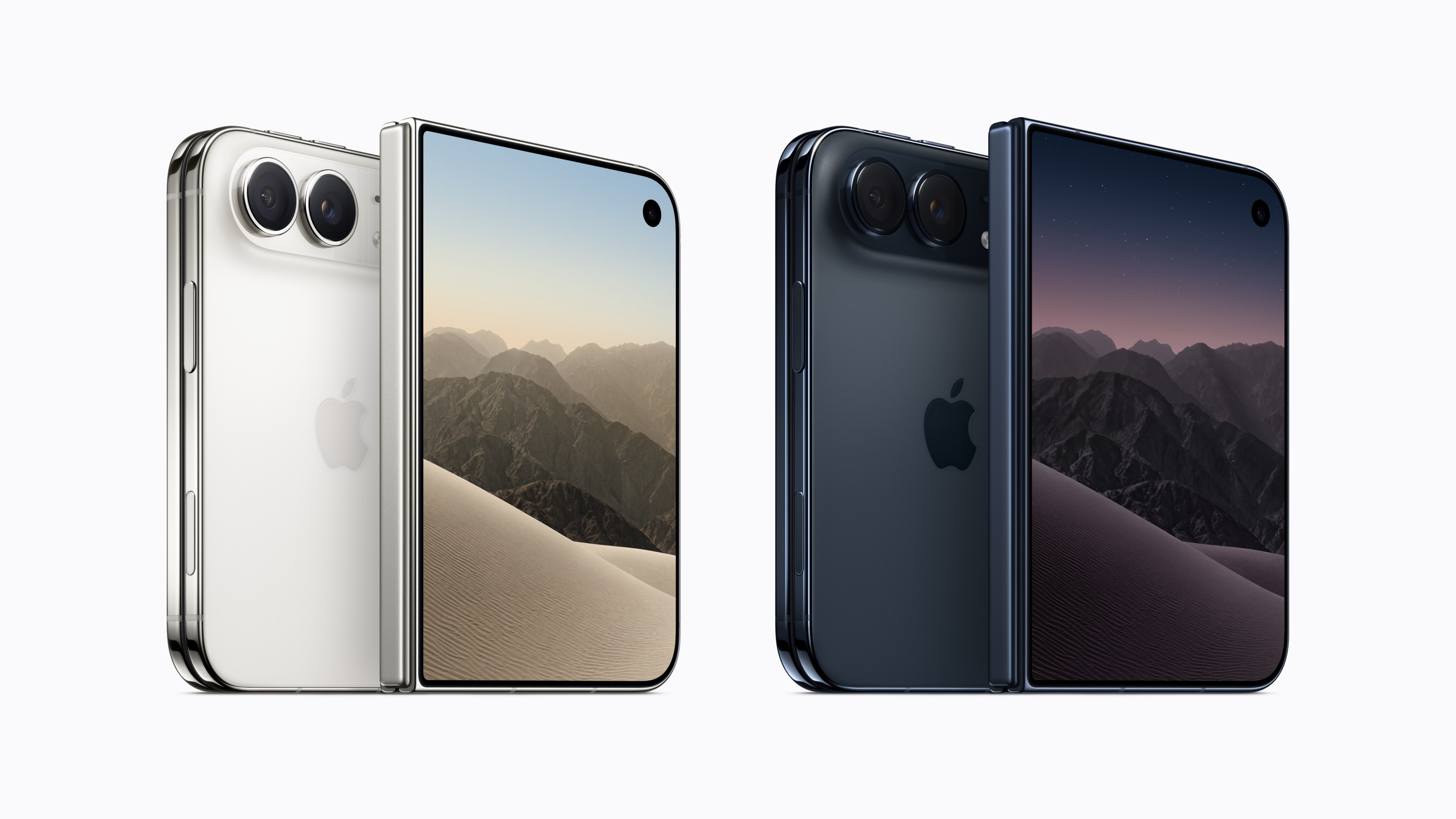 Front and rear views of folded iPhone Duo in white and dark blue, showing the hinge edges and dual rear cameras.
