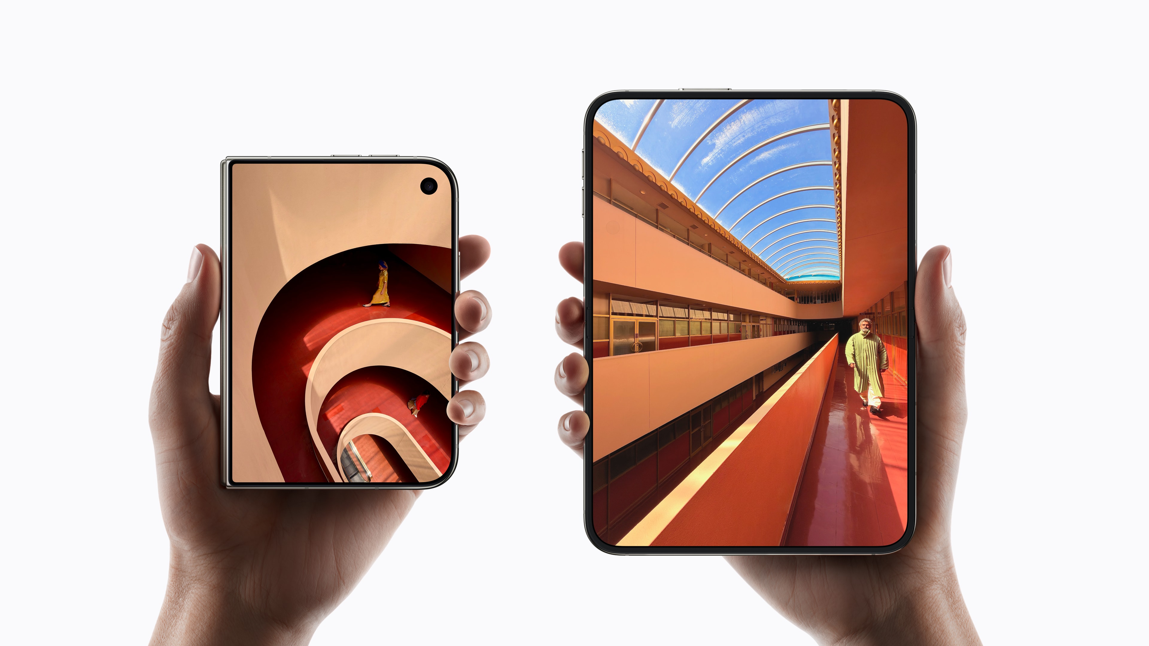Two hands hold iPhone Duo closed on the left and unfolded on the right, with architectural photos on both displays.