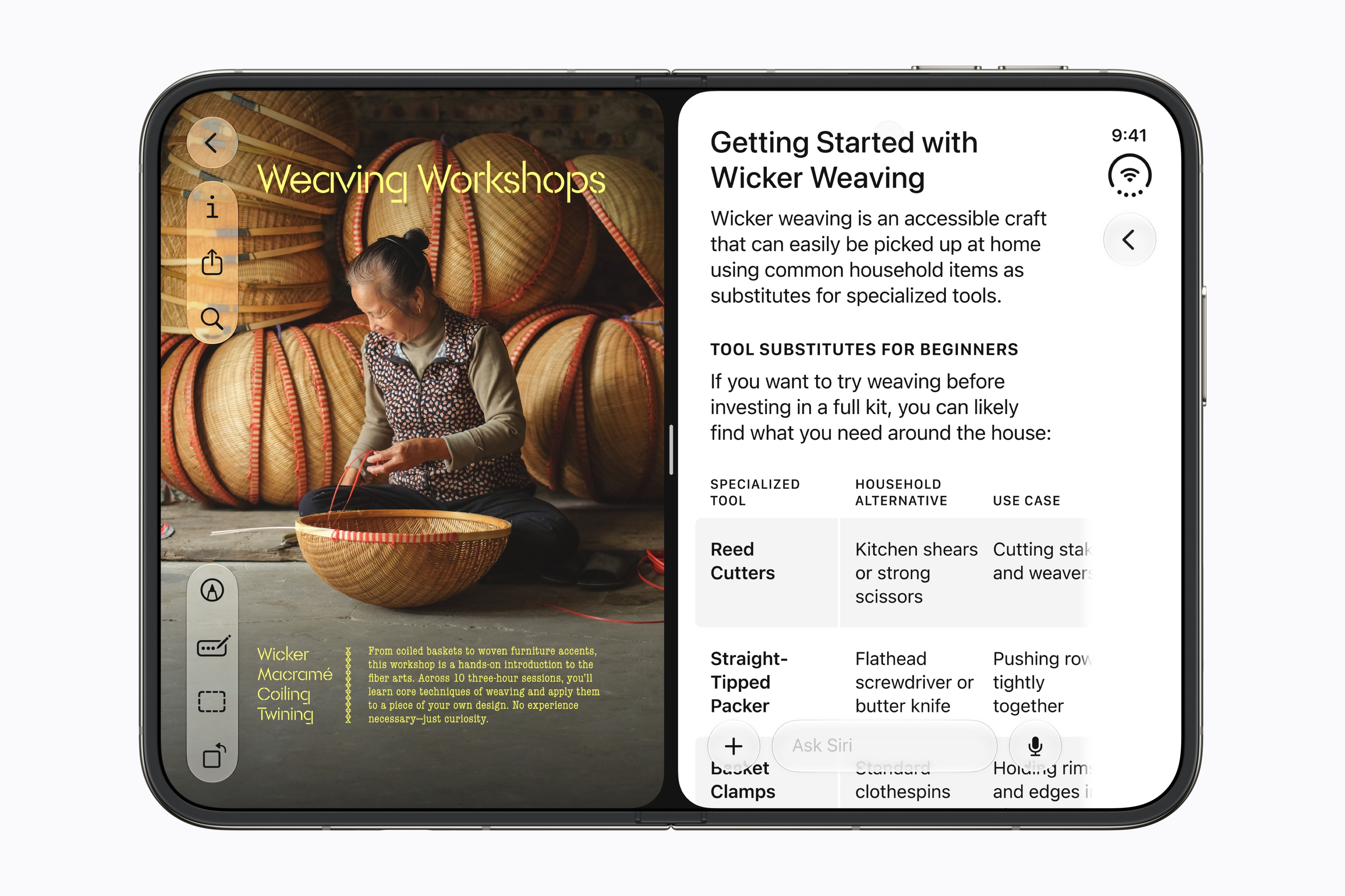An unfolded iPhone Duo shows a weaving workshop page in Safari on the left and Siri's wicker-weaving guidance on the right.