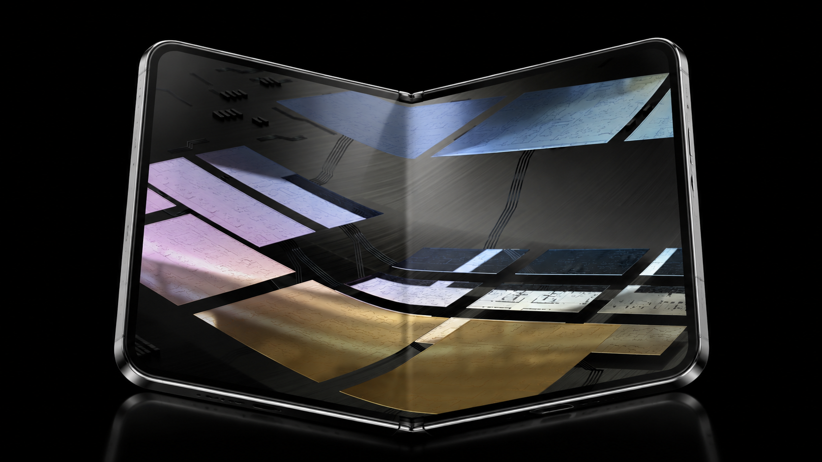 Editorial concept of a partially opened foldable phone with a silver frame and Leiolai’s metallic silicon artwork on its display.